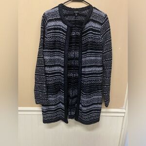 Talbots Black Striped Sparkle Open Front Long Cardigan Sweater Jacket Size M